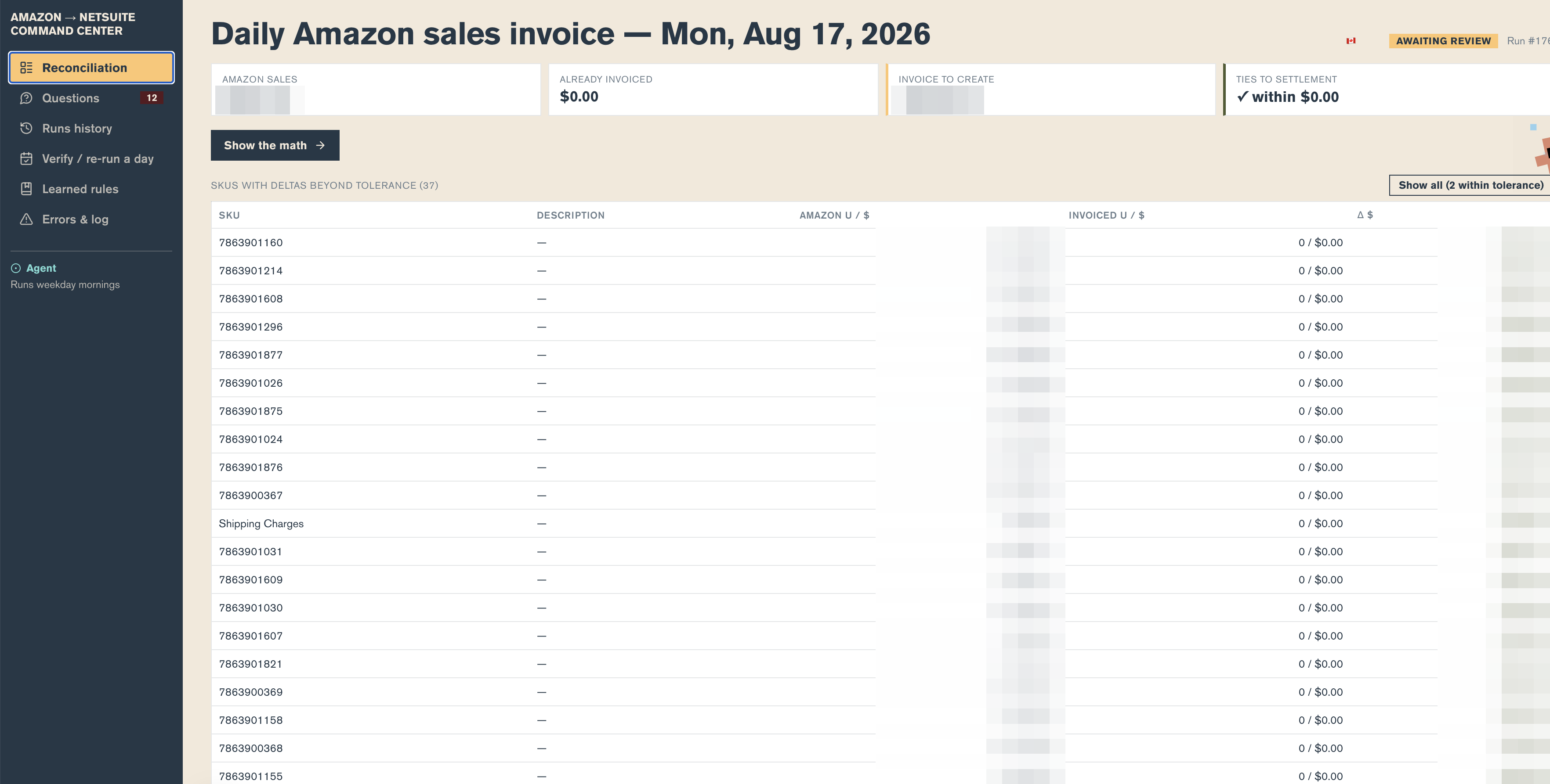 A daily reconciliation — Amazon sales vs. already invoiced vs. invoice to create, tying to settlement within $0.00