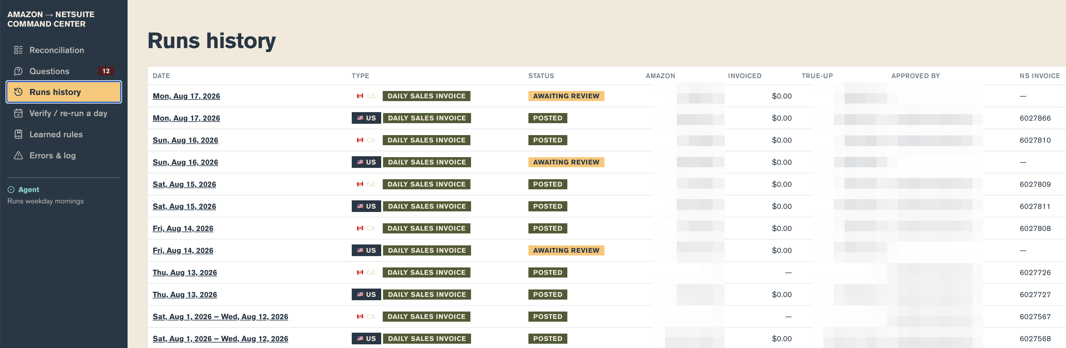 Runs history in the Command Center — one run per business day per marketplace, each awaiting review or posted