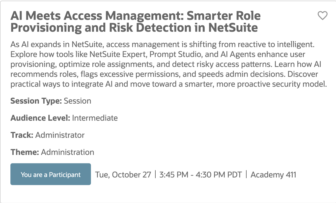 SuiteWorld session card: AI Meets Access Management, Administrator track, Tuesday October 27, 3:45 PM, Academy 411